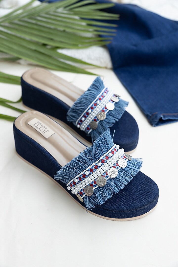 Blue PU Lace Work Denim Wedges by Jutti Express at Pernia's Pop Up Shop