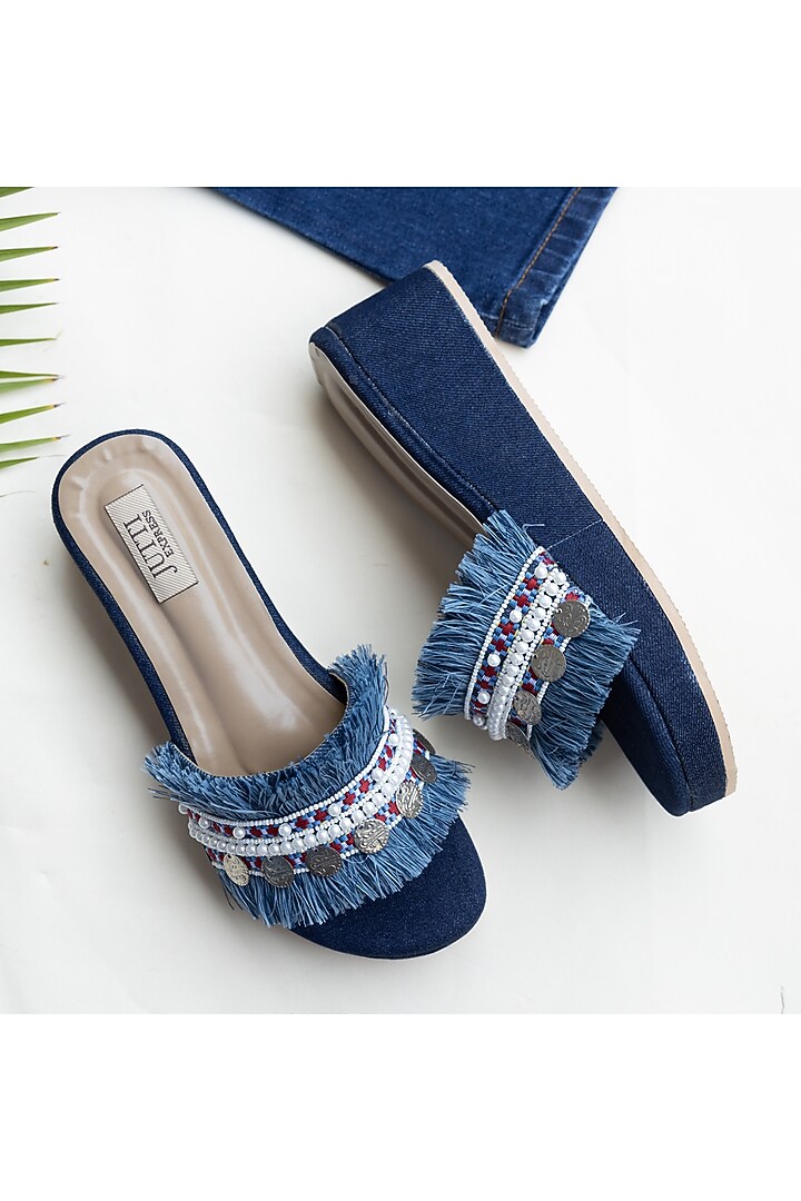 Blue PU Lace Work Denim Wedges by Jutti Express at Pernia's Pop Up Shop