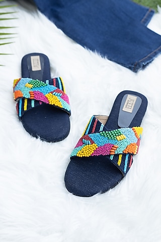 Blue PU Embroidered Denim Flats by Jutti Express