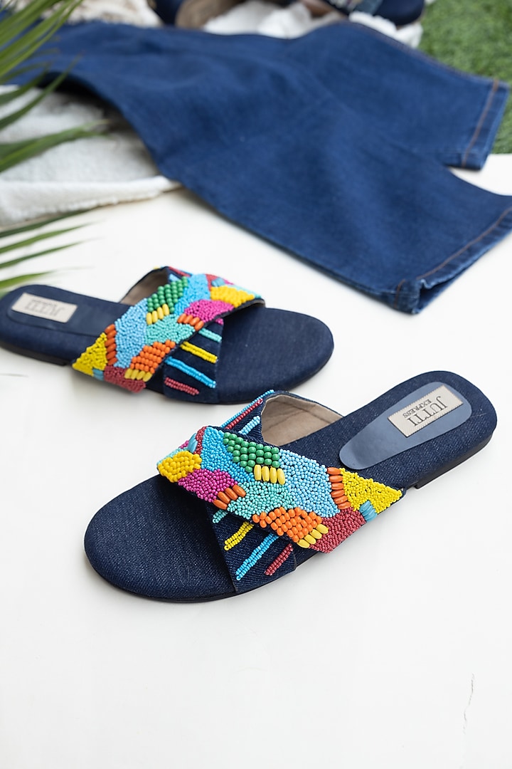 Blue PU Embroidered Denim Flats by Jutti Express at Pernia's Pop Up Shop