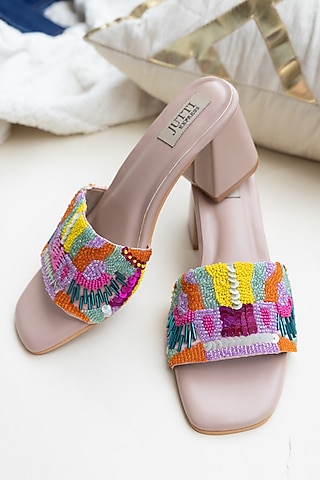 Peach PU Sequins & Cutdana Work Block Heels by Jutti Express