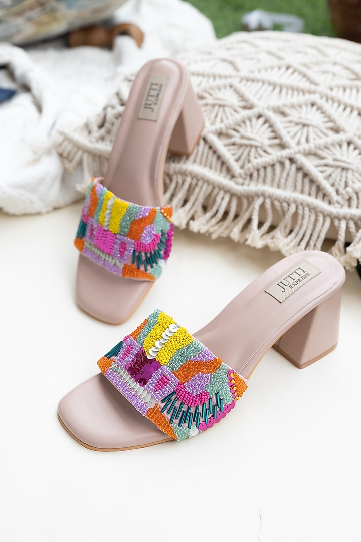 Peach PU Sequins & Cutdana Work Block Heels by Jutti Express at Pernia's Pop Up Shop