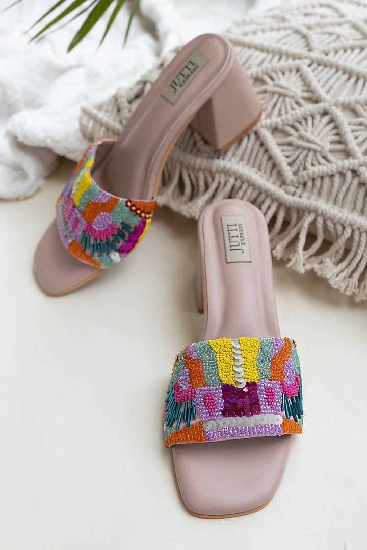 Peach PU Sequins & Cutdana Work Block Heels by Jutti Express at Pernia's Pop Up Shop