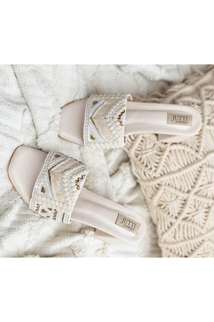 Off-White PU Lace Work Boho Heels by Jutti Express at Pernia's Pop Up Shop