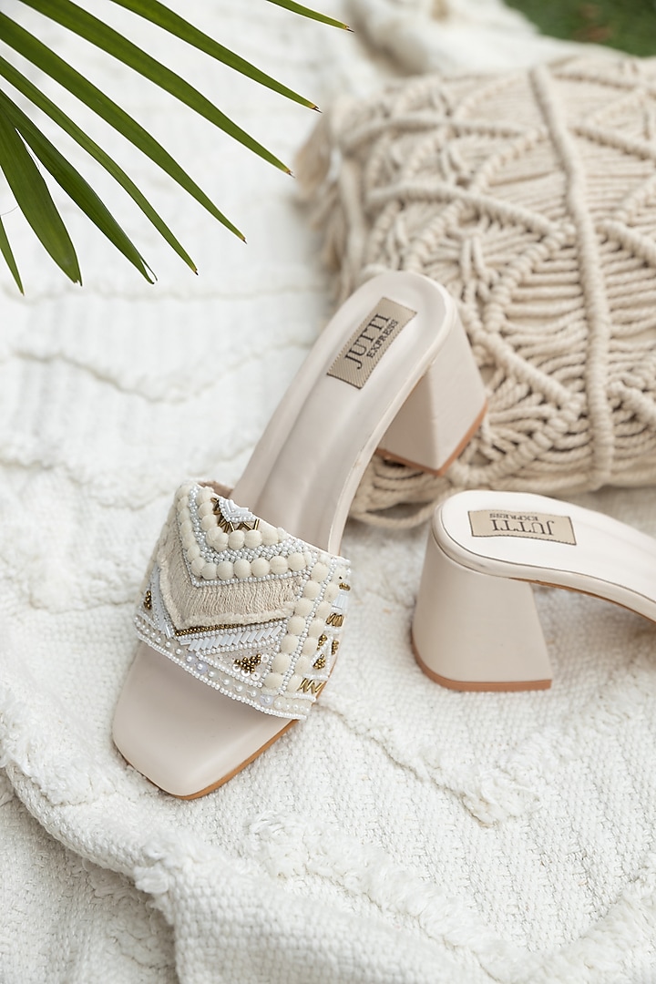 Off-White PU Lace Work Boho Heels by Jutti Express at Pernia's Pop Up Shop