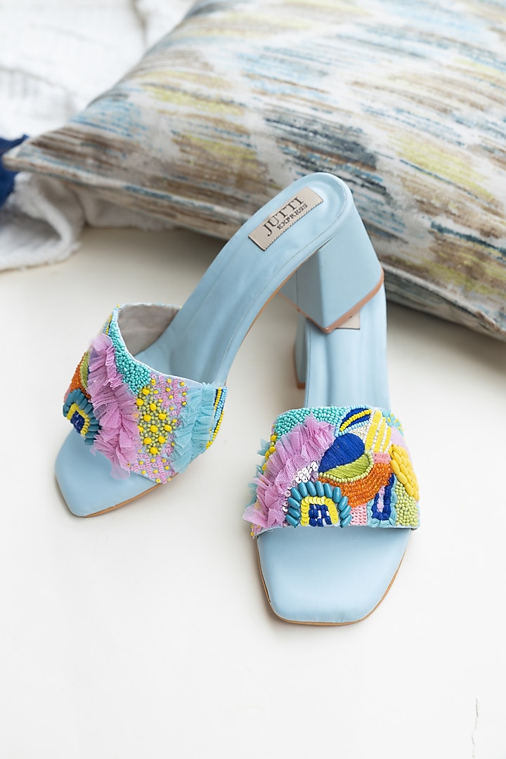Light Blue PU Frill & Sequins Work Heels by Jutti Express at Pernia's Pop Up Shop