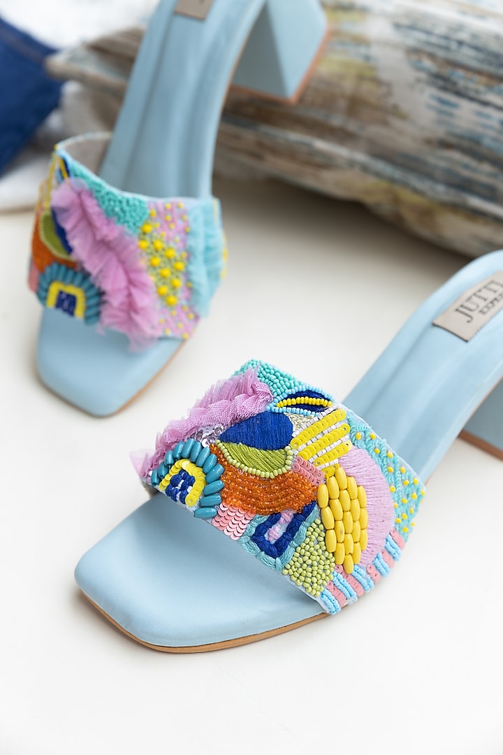 Light Blue PU Frill & Sequins Work Heels by Jutti Express at Pernia's Pop Up Shop