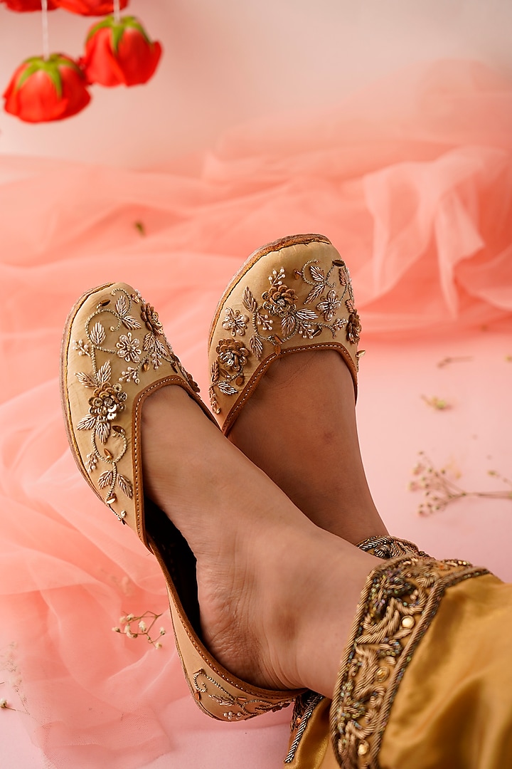 Beige Leather Embroidered Juttis by Jutti Express