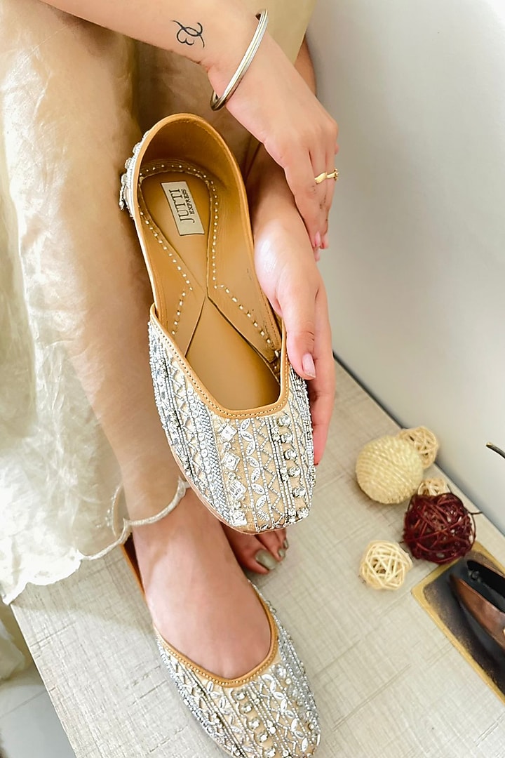 Gold Leather Embroidered Juttis by Jutti Express at Pernia's Pop Up Shop