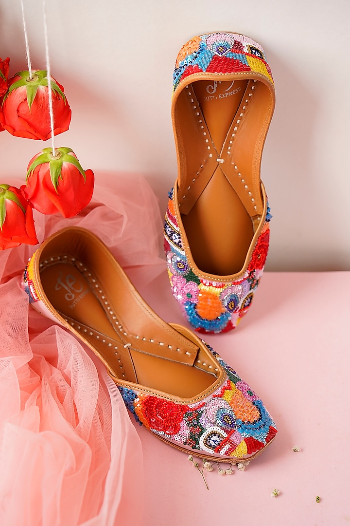 Peach Leather Embroidered Juttis by Jutti Express