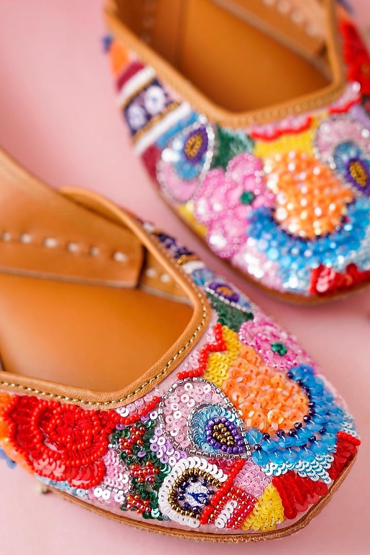 Peach Leather Embroidered Juttis by Jutti Express at Pernia's Pop Up Shop