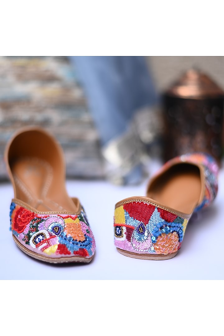 Peach Leather Embroidered Juttis by Jutti Express at Pernia's Pop Up Shop