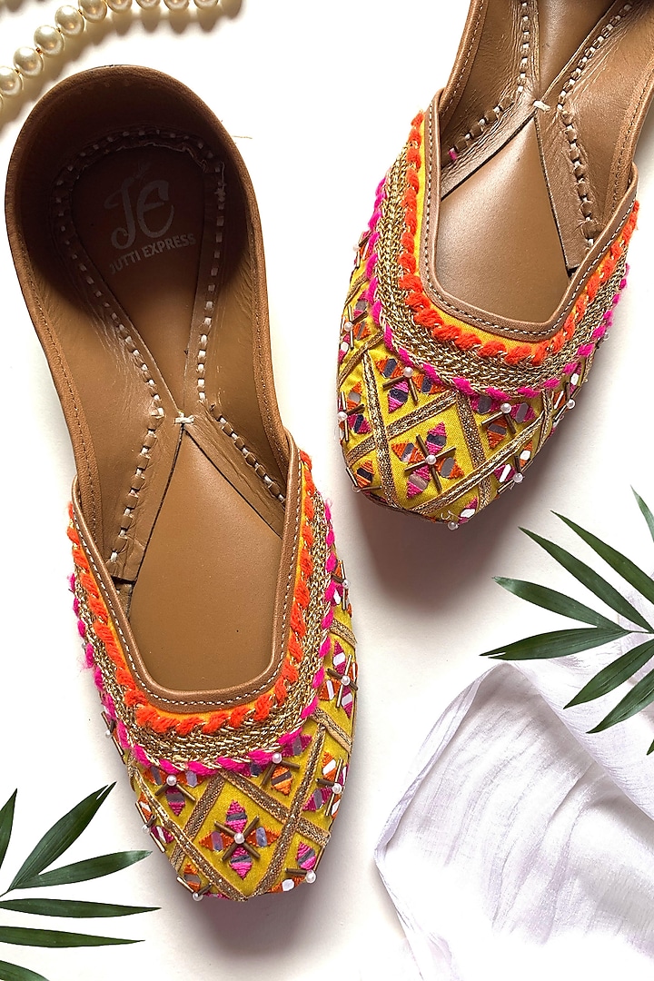 Yellow Leather Embroidered Juttis by Jutti Express