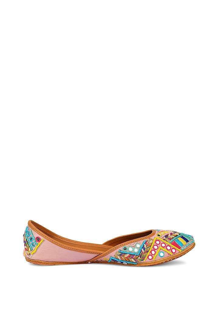 Peach Leather Juttis With Mirror Work by Jutti Express