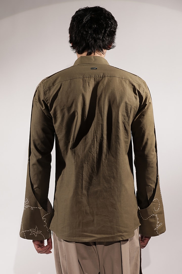 Olive Green Linen Embroidered Wedding Shirt by Jubinav Chadha Men at Pernia's Pop Up Shop