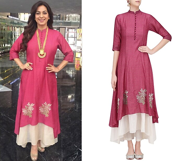Pink rose motifs kurta with white flared pants available only at Pernia's Pop Up Shop.
