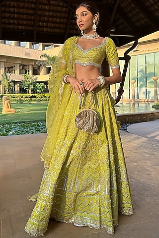 Lime Green Embroidered Lehenga Set by GOPI VAID