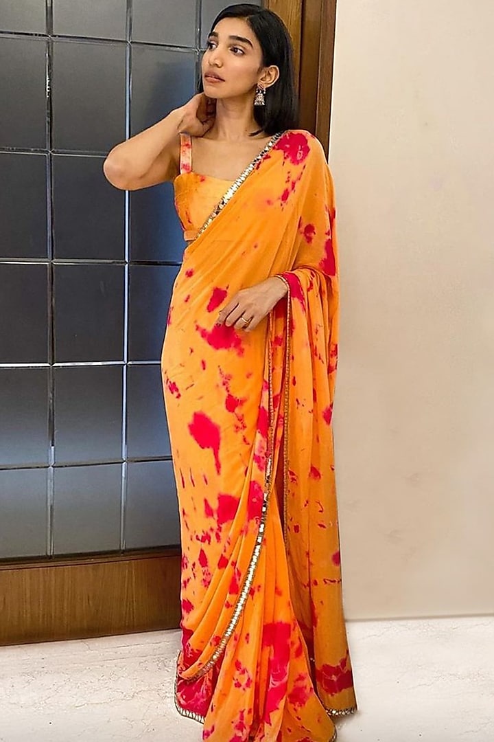 Orange Georgette Tie-Dyed Saree Set by Akanksha Gajria