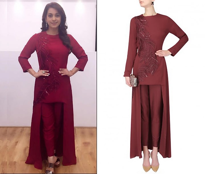 Ohaila Khan presents Ruby leaf pattern pearl, sequins and beads embroidered cape and pants set available only at Pernia's Pop Up Shop.