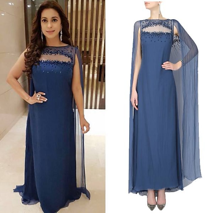 Ohaila Khan presents Cobalt blue leaf thread and sequins embroidered draped cape gown available only at Pernia's Pop Up Shop.