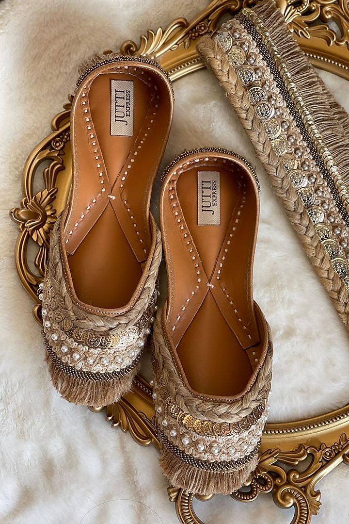 Beige Leather Embroidered Juttis by Jutti Express at Pernia's Pop Up Shop