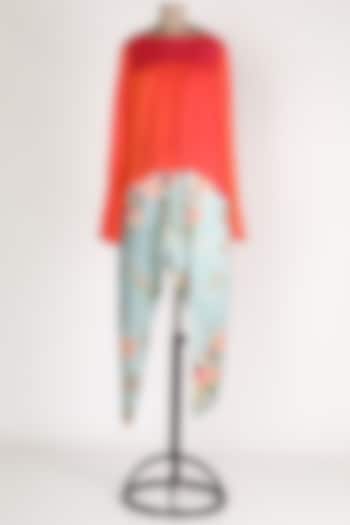 Orange & Powder Blue Asymmetrical Pant Set by Jesal Vora