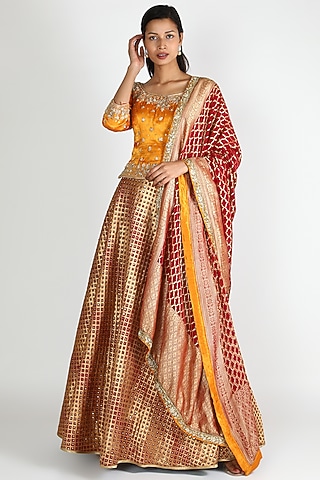 Red & Mustard Embroidered Lehenga Set by Jesal Vora