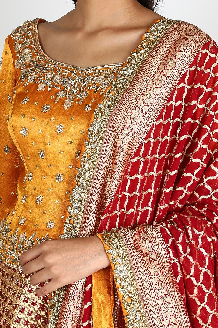 Red & Mustard Embroidered Wedding Lehenga Set by Jesal Vora at Pernia's Pop Up Shop