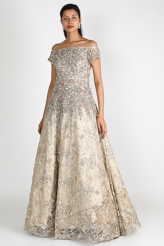 Beige Off Shoulder Embroidered Gown by Jesal Vora