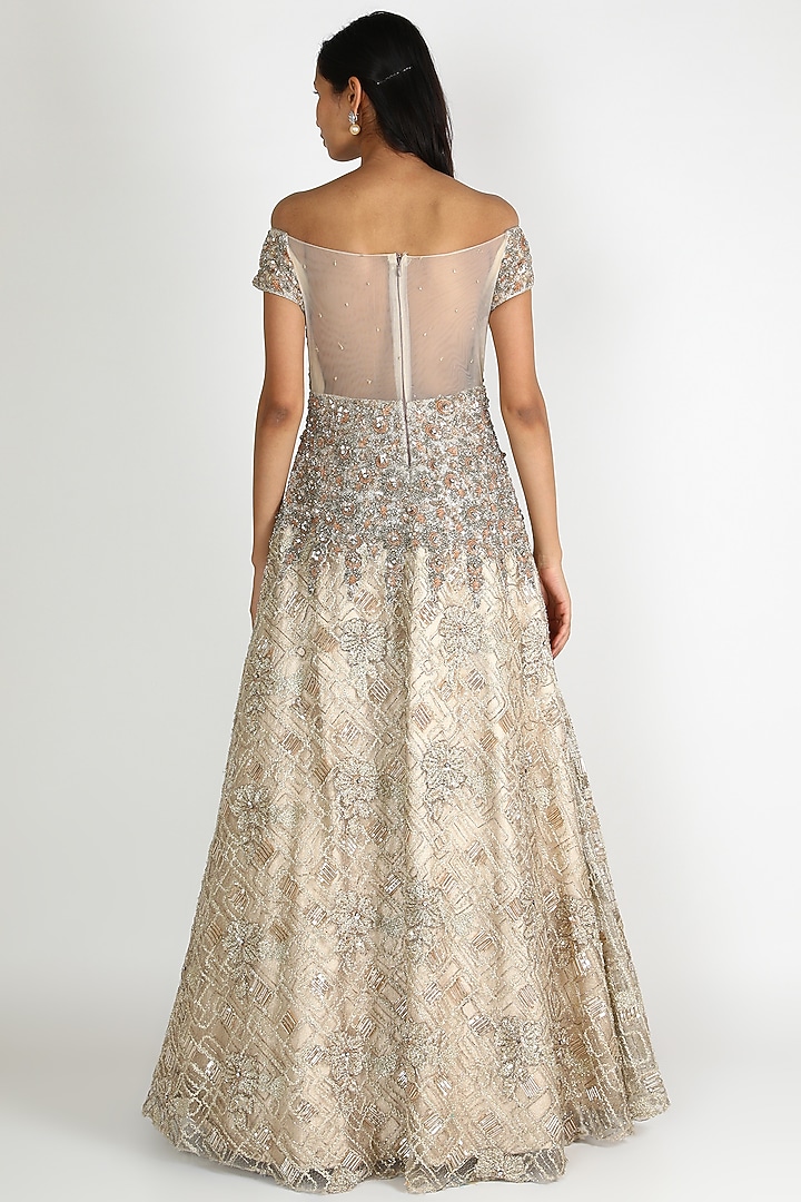Beige Off Shoulder Embroidered Gown by Jesal Vora at Pernia's Pop Up Shop