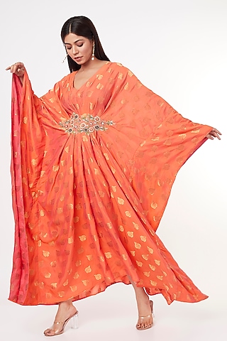 Peach Embroidered Kaftan by Jesal Vora