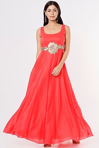 Carrot Pink Embroidered Maxi Dress by Jesal Vora