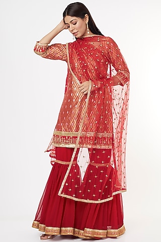 Red Georgette Sharara Set by Jesal Vora