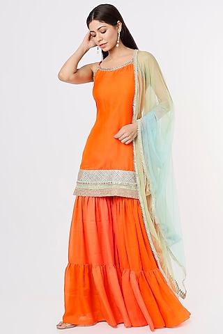 Orange Ombre Georgette Sharara Set by Jesal Vora