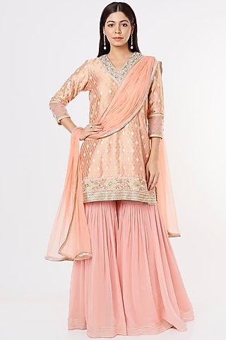 Peach Georgette Sharara Set by Jesal Vora