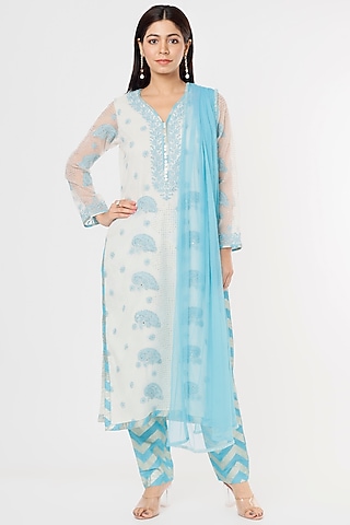White & Blue Lucknowi Kurta Set by Jesal Vora