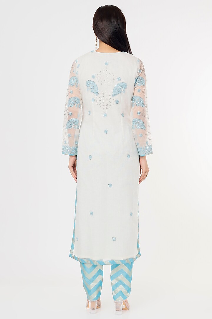 White & Blue Lucknowi Kurta Set by Jesal Vora at Pernia's Pop Up Shop