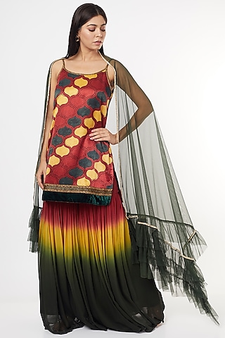 Multi-Coloured Georgette Sharara Set by Jesal Vora