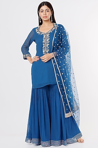 Midnight Blue Georgette Sharara Set by Jesal Vora