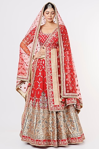 Red Banarasi Weaved Lehenga Set by Jesal Vora
