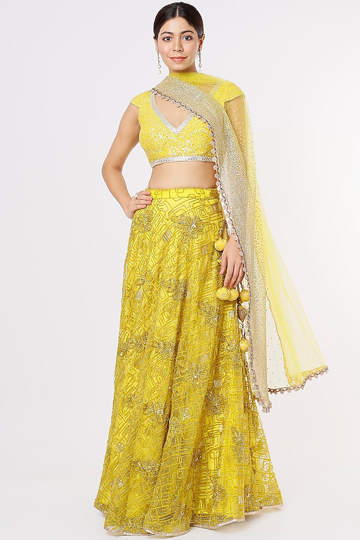 Yellow Net Embroidered Lehenga Set by Jesal Vora