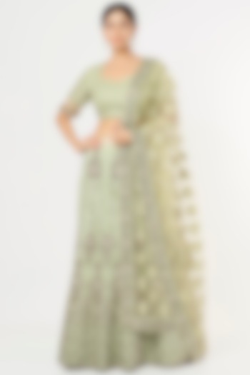 Pista Silk Lehenga Set by Jesal Vora