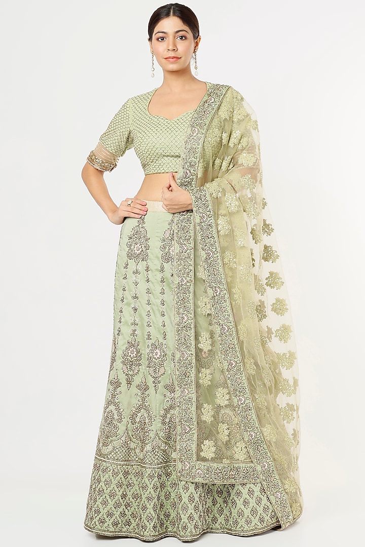 Pista Silk Lehenga Set by Jesal Vora