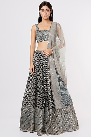 Black & Blue Ajrakh Lehenga Set by Jesal Vora