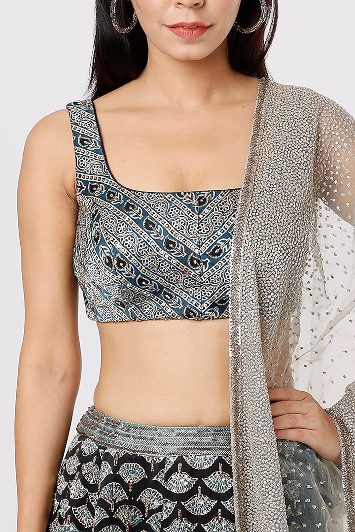 Black & Blue Ajrakh Bridal Lehenga Set by Jesal Vora at Pernia's Pop Up Shop