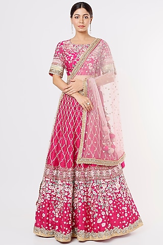 Rani Pink Silk Lehenga Set by Jesal Vora