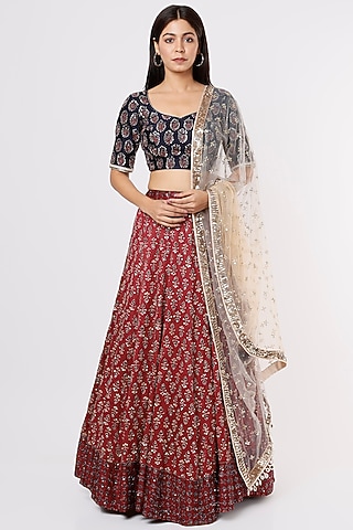 Maroon Ajrakh Lehenga Set by Jesal Vora