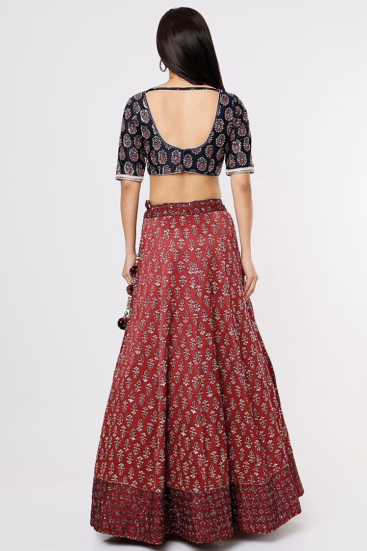 Maroon Ajrakh Wedding Lehenga Set by Jesal Vora at Pernia's Pop Up Shop
