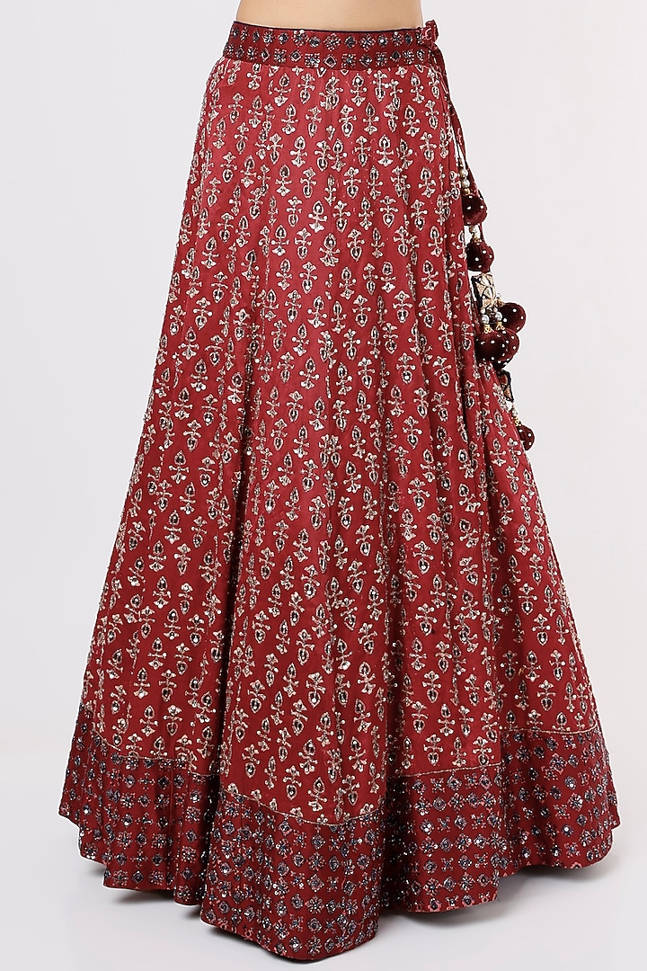 Maroon Ajrakh Wedding Lehenga Set by Jesal Vora at Pernia's Pop Up Shop