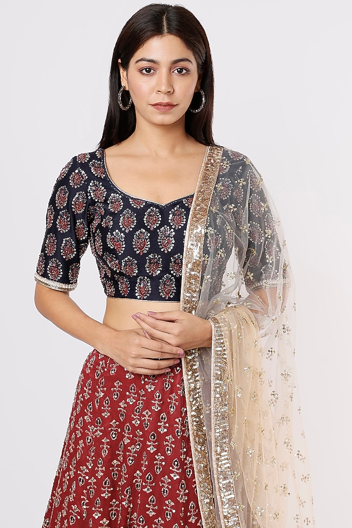 Maroon Ajrakh Wedding Lehenga Set by Jesal Vora at Pernia's Pop Up Shop